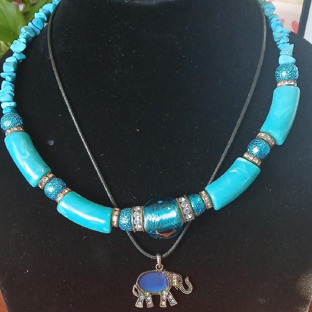 Turquoise Beaded Necklace with Elephant Pendant